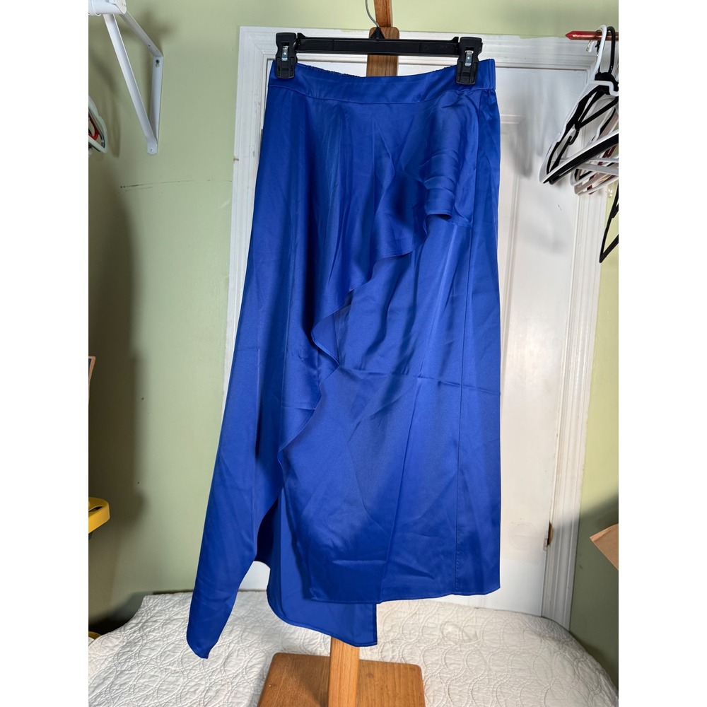 The Drop x Hanuskas Dazzling Blue Satin Ruffle Asymmetrical Midi Skirt Small NWT